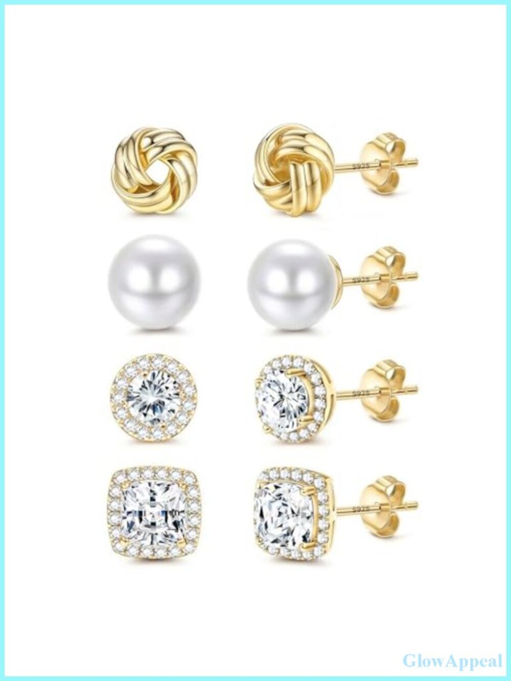 4 Pairs Hypoallergenic Stud Earrings for Women 14K Gold Plated S925 Sterling